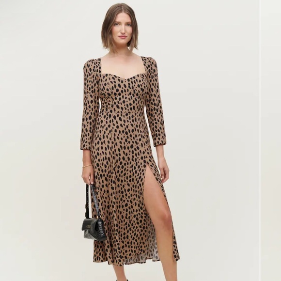 Reformation Dresses & Skirts - Reformation Mara Midi Dress‎ 6 Brown Leopard Print Slit Square Neck